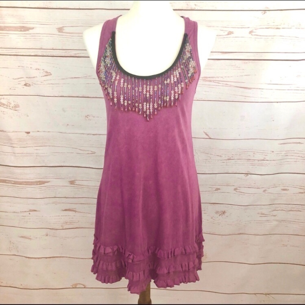 Beaded Necklace Tie Dye Ruffle Racerback Tank Dress